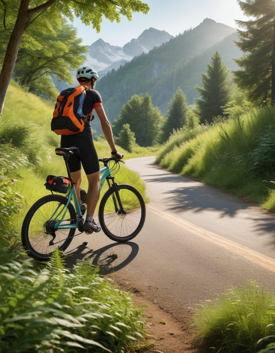A vibrant scene of a cyclist inspecting their bike in a serene natural setting, surrounded by lush greenery and mountains. Include safety gear such as a helmet and reflective vest, alongside maintenance tools like a pump and multi-tool. In the foreground, a checklist with bike safety tips visible. The warm sunlight filters through the trees, creating a welcoming atmosphere. super-realistic. vibrant colors. nature background.