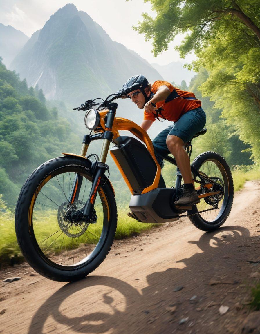 A striking montage featuring a high-performance electric bike racing through a scenic mountain trail, with breathtaking views of lush greenery and rocky peaks in the background. Include a close-up of bike details with dynamic motion effects, showcasing sleek design and advanced technology. A sunlit atmosphere to emphasize adventure and freedom. super-realistic. vibrant colors.