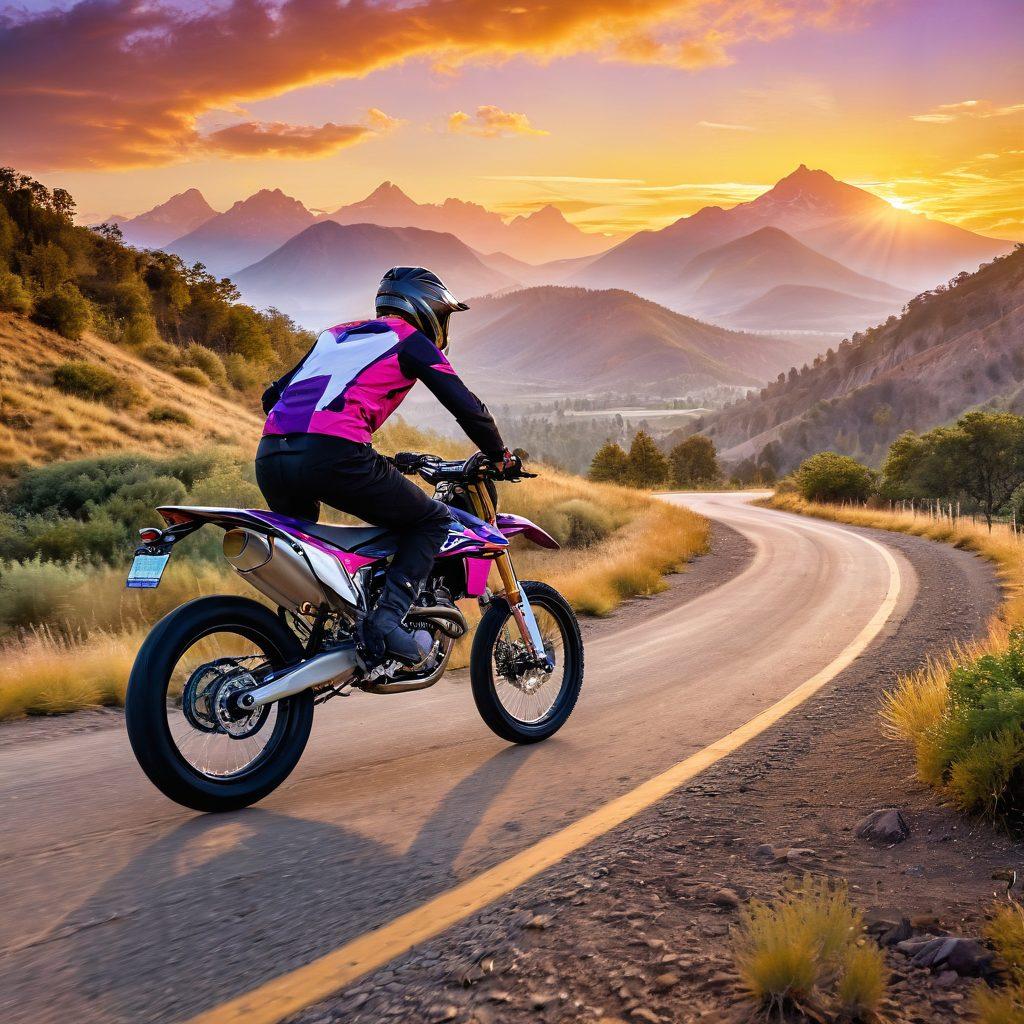 A dynamic scene showcasing a high-performance bike on a winding trail that transitions into a smooth road, surrounded by lush greenery and elegant mountains in the background. The bike should have sleek aerodynamic features, emphasizing speed and power. Include a sunset sky for a dramatic effect, casting warm hues over the landscape. Add a sense of motion with dust clouds trailing behind the bike. super-realistic. vibrant colors.